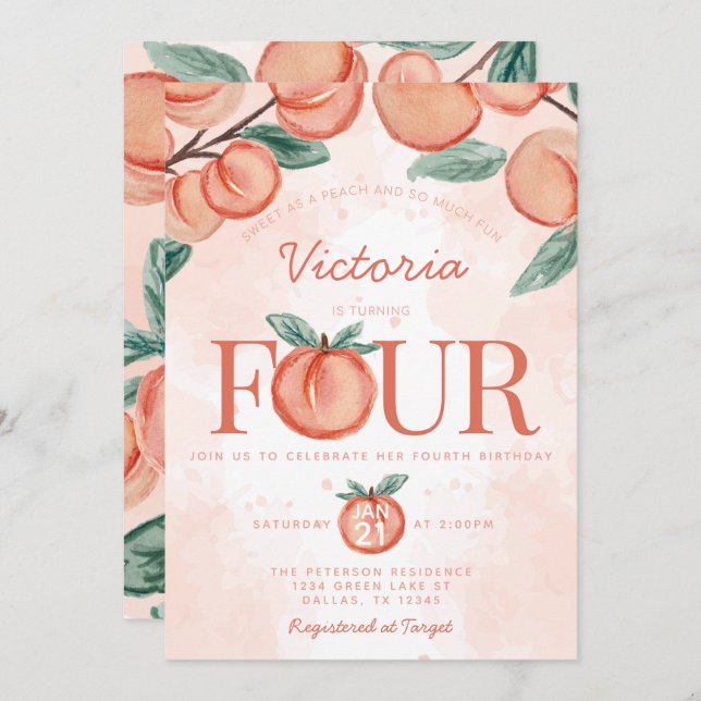 Cute Sweet Peach turning FOUR 4th Birthday Party Invitation (Front/Back)