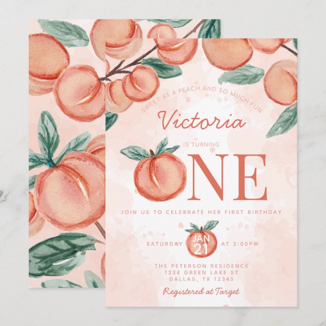 Cute Sweet Peach turning ONE 1st Birthday Party Invitation (Front/Back)