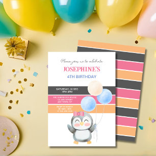 Cute Sweet Penguin Balloon Girl Birthday Invitation