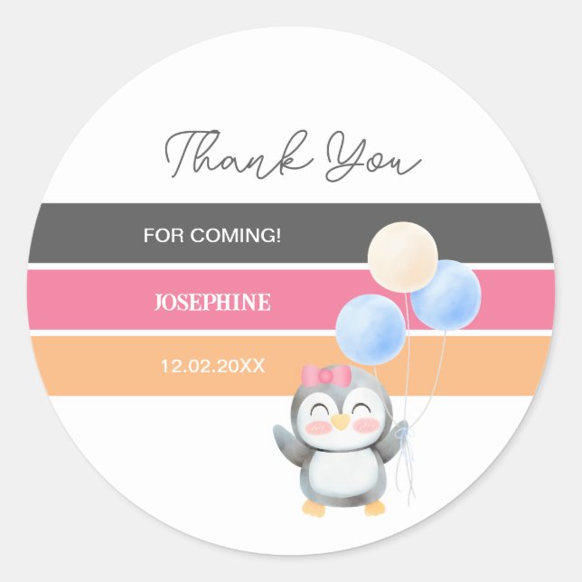 Cute Sweet Penguin Balloon Girl Birthday Thank You Classic Round Sticker (Front)
