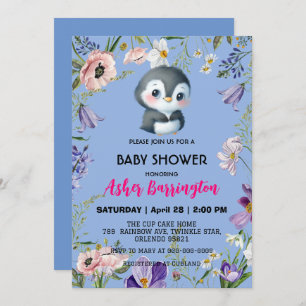 Cute sweet penguin Rustic flower baby shower kids Invitation