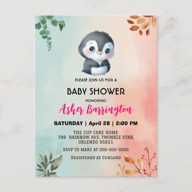 Cute sweet penguin Spring flower baby shower kids Postcard (Front)