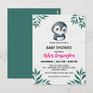 Cute sweet penguin Spring Leaves baby shower kids Postcard