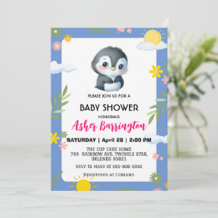 Cute sweet penguin sun sky flower baby shower kids invitation