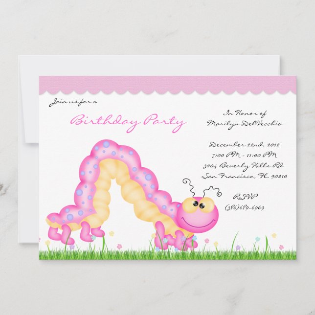 CUTE Sweet Pink Caterpillar Bug Birthday Party Invitation (Front)