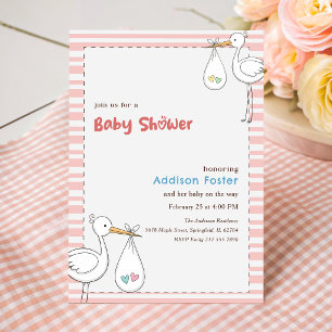 Cute Sweet Pink Stork Girl Baby Shower Invitation