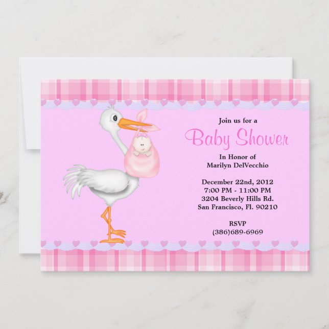 CUTE Sweet Plush PINK Stork Baby Shower Invitation (Front)