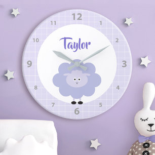 Cute Sweet Purple Lamb Kids Nursery Custom Name Round Clock