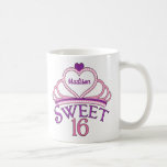 Cute Sweet Sixteen Birthday Girl Pink 16 Monogram Coffee Mug<br><div class="desc">Personalised pretty sweet sixteen birthday gift mug with a beautiful pink tiara topped with a cute purple heart and your teenage girl's name inside of it. Words Sweet 16 written in beautiful script for your girly teenager.</div>