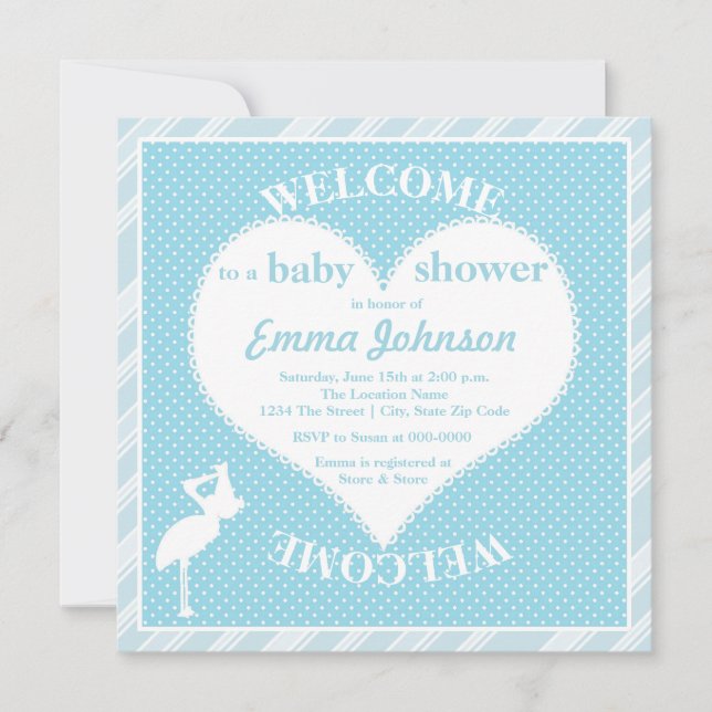 Cute Sweet Stork Heart Baby Boy Shower Invitation (Front)