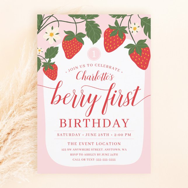 Cute Sweet Strawberry 1st Birthday Invitation (Creator Uploaded)