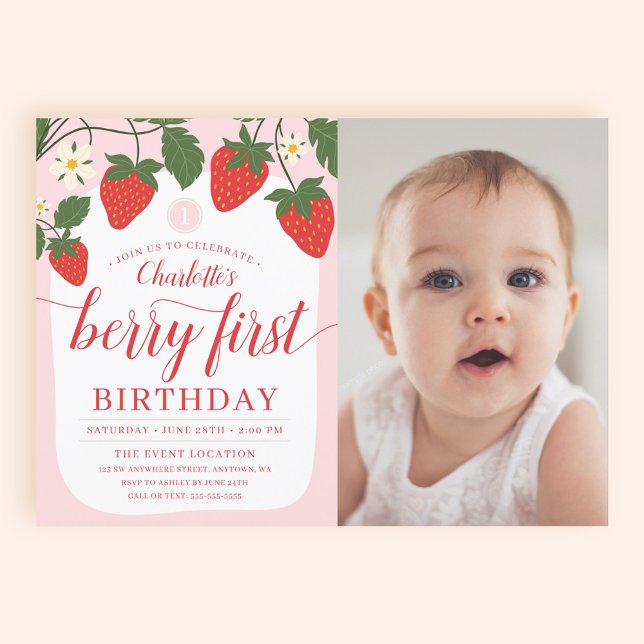 Cute Sweet Strawberry 1st Birthday Photo Invitation (Creator Uploaded)