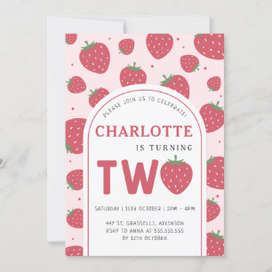 Cute Sweet Strawberry 2nd Birthday Party Pink Invitation