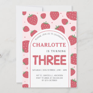 Cute Sweet Strawberry 3rd Birthday Party Pink Invitation