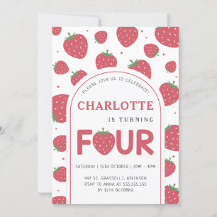 Cute Sweet Strawberry 4th Birthday Party Invitation