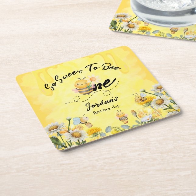 Cute Sweet To Bee One Wildflower 1st birthday Square Paper Coaster (Angled)