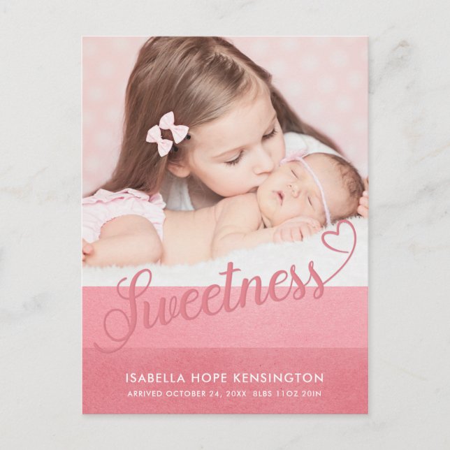 Cute Sweet Valentine Typography Baby Birth Photo Announcement Postcard (Front)