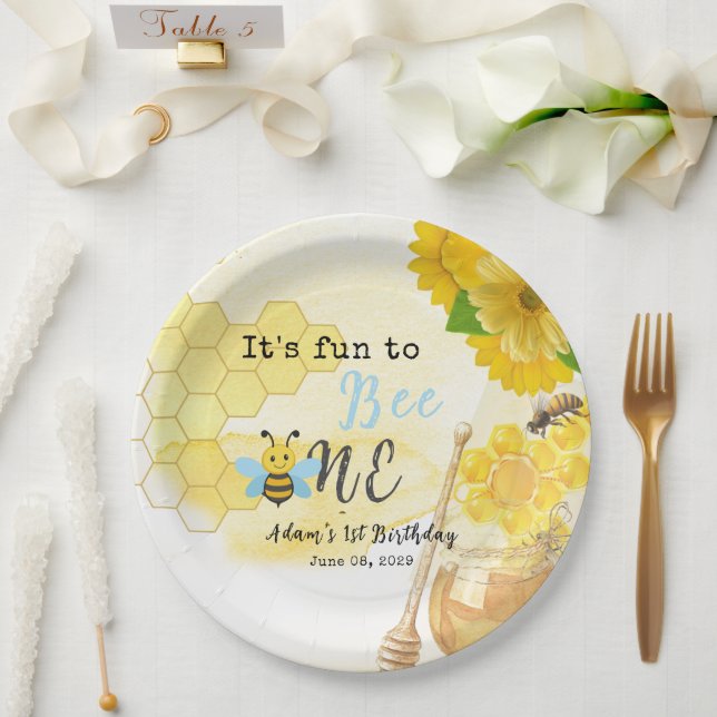 Cute Sweet Yellow Honey It's Bee One 1st Birthday Paper Plate (Wedding)