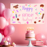 Cute sweets candy illustration kids birthday party banner<br><div class="desc">Happy Birthday! Celebrate your kid birthday with this fun hand drawn cute sweets and candy ,  with chocolate bar,  lollipops on a customisable pink frame background.</div>