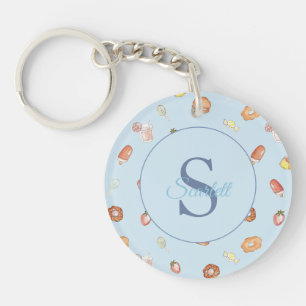 Cute sweets pattern Monogram Name blue Key Ring