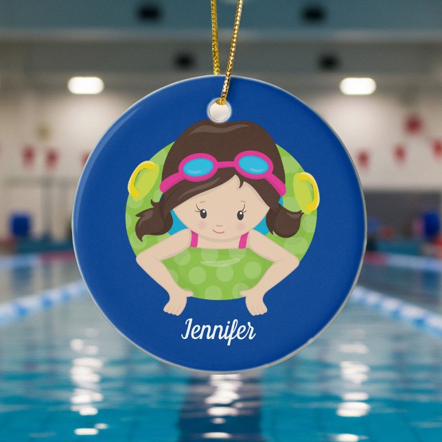 Cute Swim Team Girl Blue Monogram Kids Christmas Ceramic Tree Decoration (Creator Uploaded)