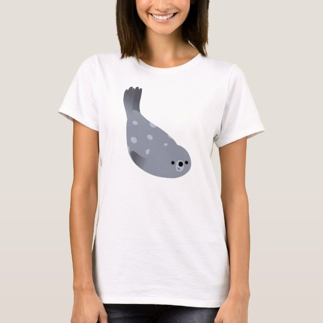 Cute Swimming Cartoon Harbour Seal Women T-Shirt (Front)