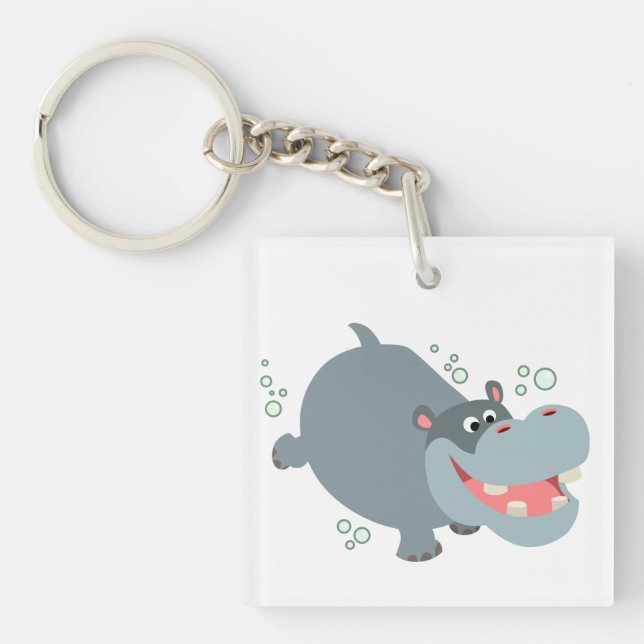 Cute Swimming Cartoon Hippo Acrylic Keychain (Front)