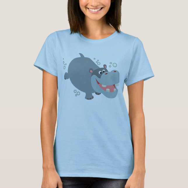 Cute Swimming Cartoon Hippo T-Shirt (Front)