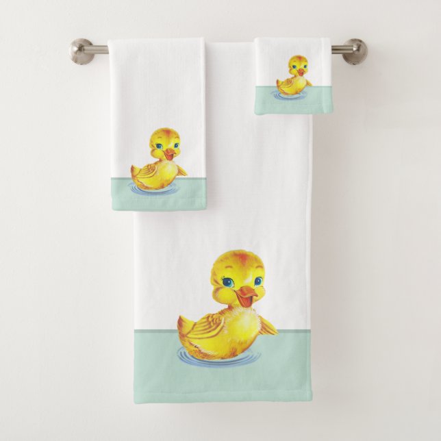 Cute Swimming Ducklings on Light Blue & White Bath Bath Towel Set (Insitu)