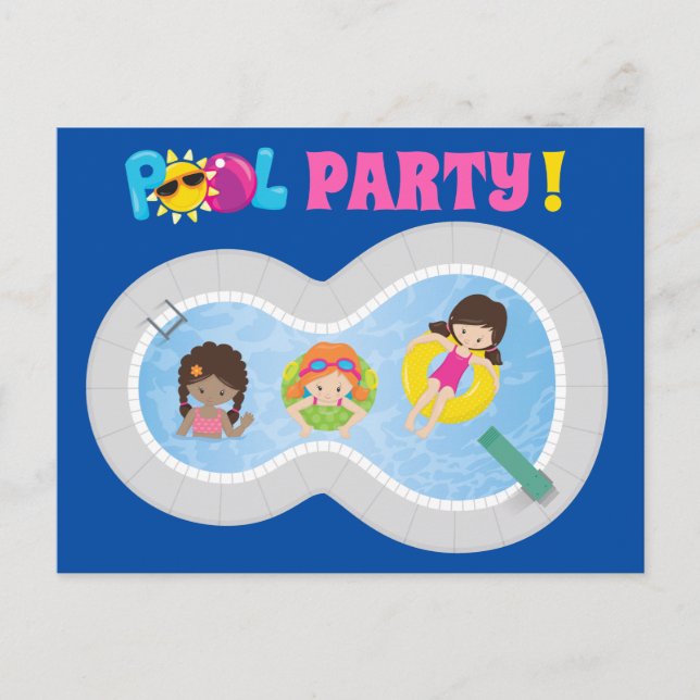 Cute Swimming Girls Birthday Pool Party Invitation Postcard (Front)