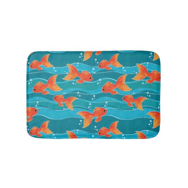 Cute Swimming Goldfish & Water Pattern Bath Mat (Front)