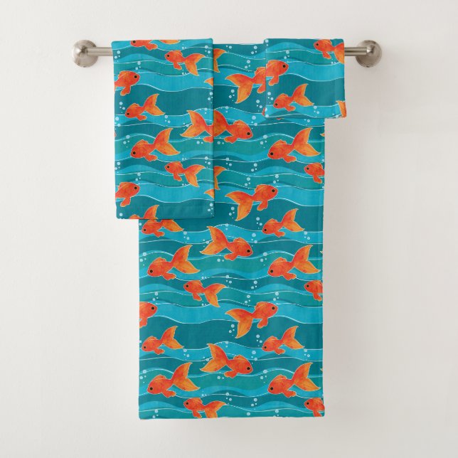 Cute Swimming Goldfish & Water Pattern Bath Towel Set (Insitu)