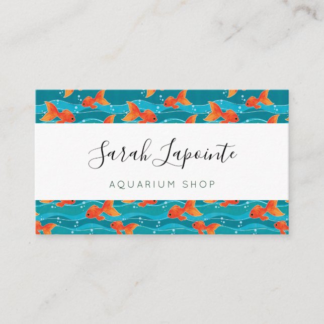 Cute Swimming Goldfish & Water Pattern Business Card (Front)