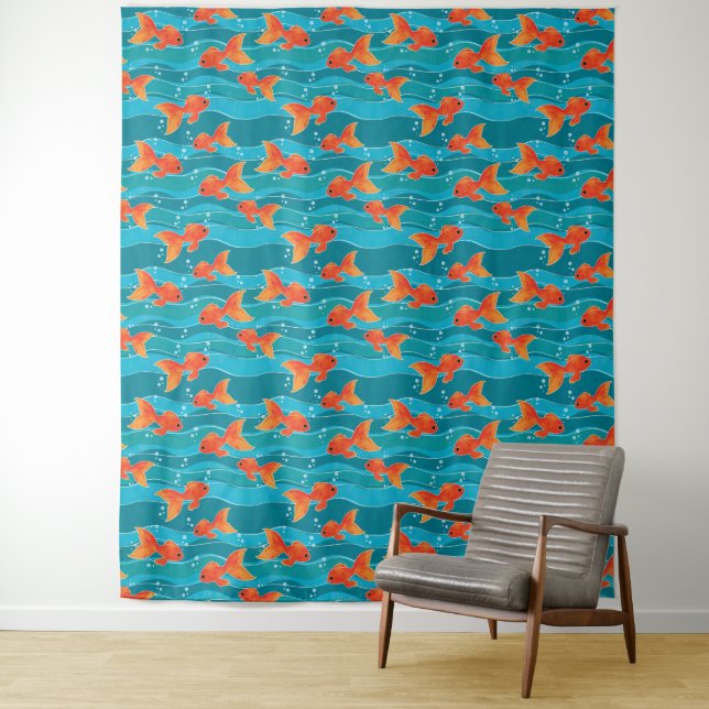 Cute Swimming Goldfish & Water Pattern Tapestry (In Situ)