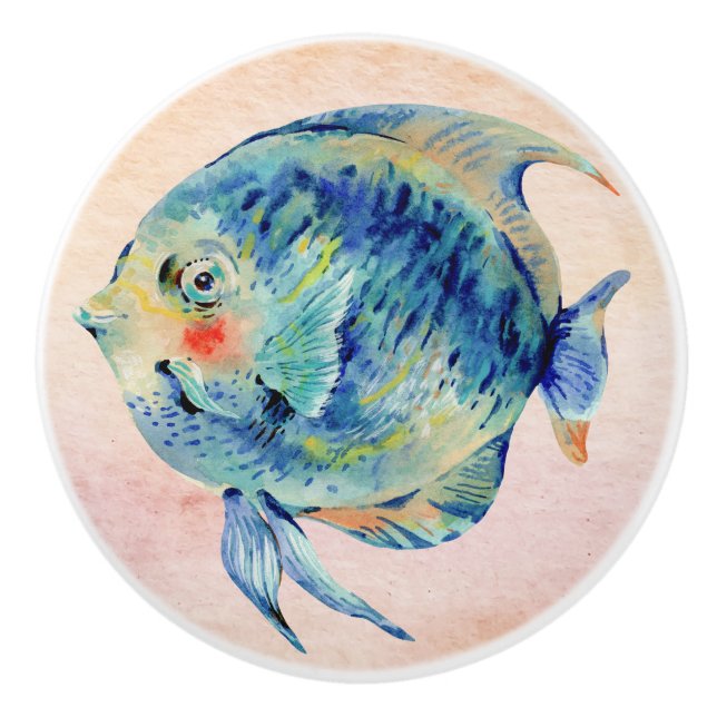 Cute swimming lovely seafish in blue Bathroom Ceramic Knob (Front)