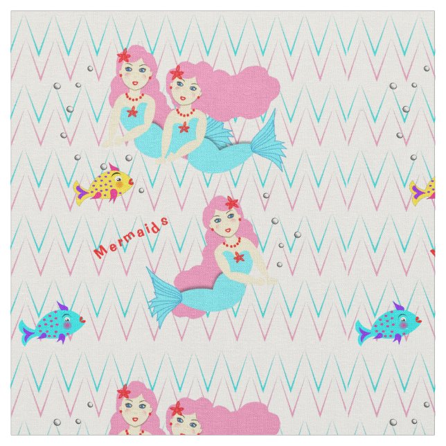 Cute Swimming Mermaids With Fishes Fabric (Close Up)