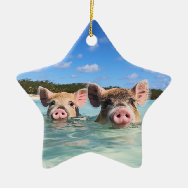 Cute Swimming Pig Exuma Bahamas Ceramic Tree Decoration (Front)
