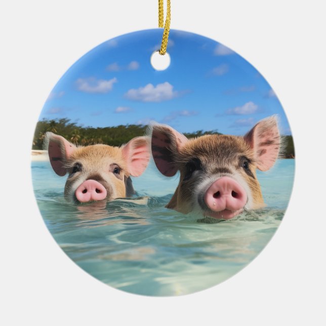 Cute Swimming Pig Exuma Bahamas Ceramic Tree Decoration (Front)