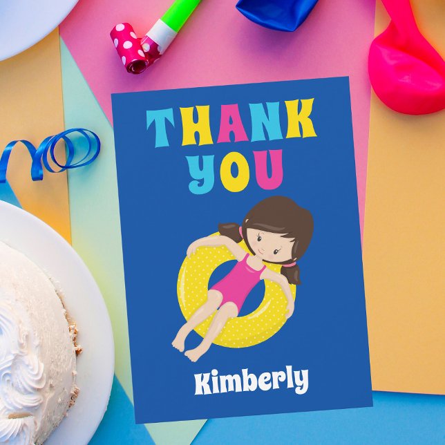 Cute Swimming Pool Birthday Party Girl Custom Kids Thank You Card (Creator Uploaded)