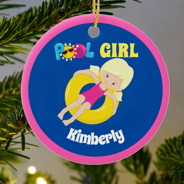 Cute Swimming Pool Blonde Girl Personalised Ceramic Tree Decoration (Creator Uploaded)