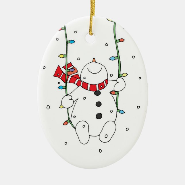 Cute Swinging Snowman Ceramic Tree Decoration (Front)