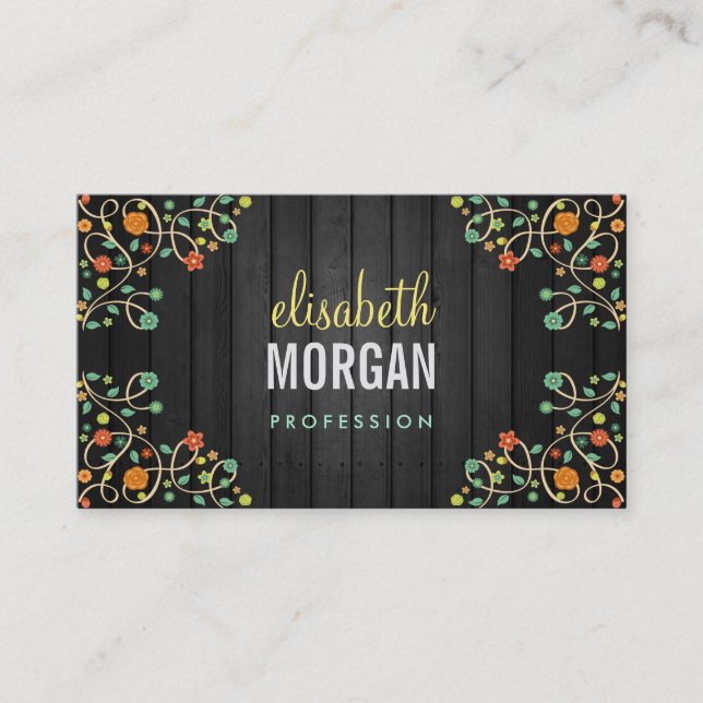 Cute Swirl Flowers on Dark Wood Business Card (Front)