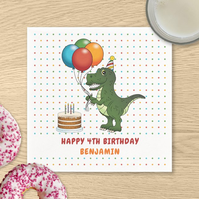 Cute T-rex Dinosaur And Colourful Birthday Balloon Napkin (Creator Uploaded)