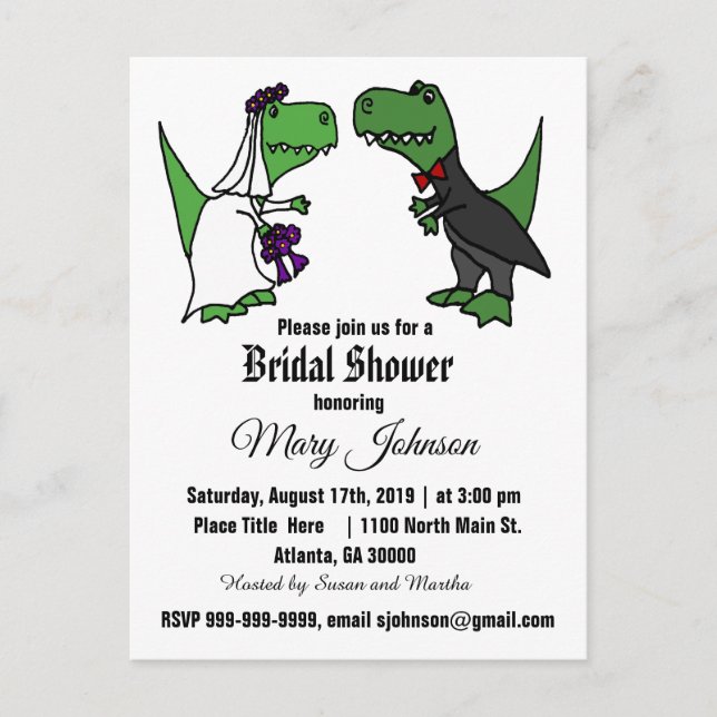 Cute T-rex Dinosaur Bride and Groom Bridal Shower Invitation Postcard (Front)