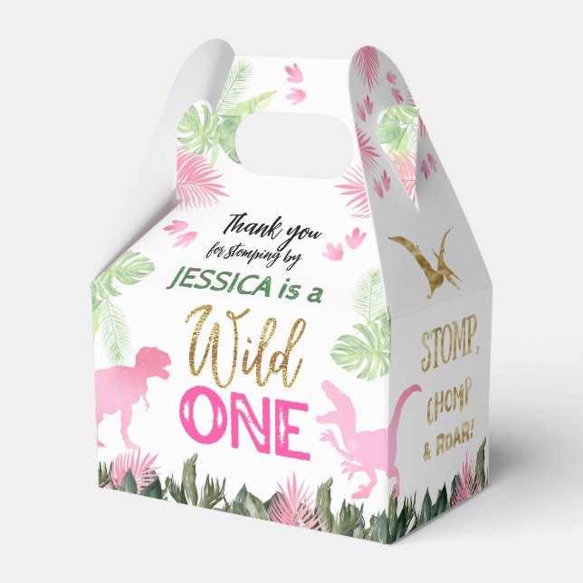 Cute T Rex Dinosaur Girl 1st Birthday Party Favour Box (Front Side)
