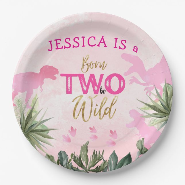 Cute T Rex Dinosaur Girl 2nd Birthday Party Paper Plate (Front)