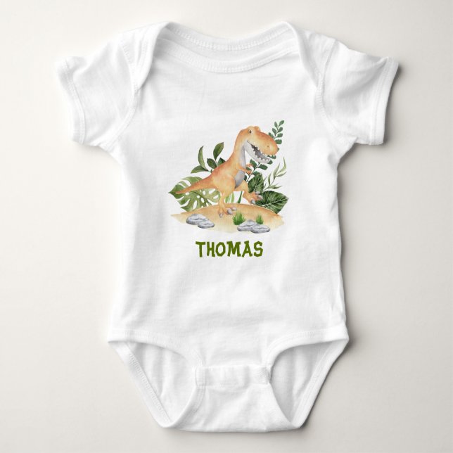Cute T-Rex Dinosaur Greenery Custom Name Baby Bodysuit (Front)