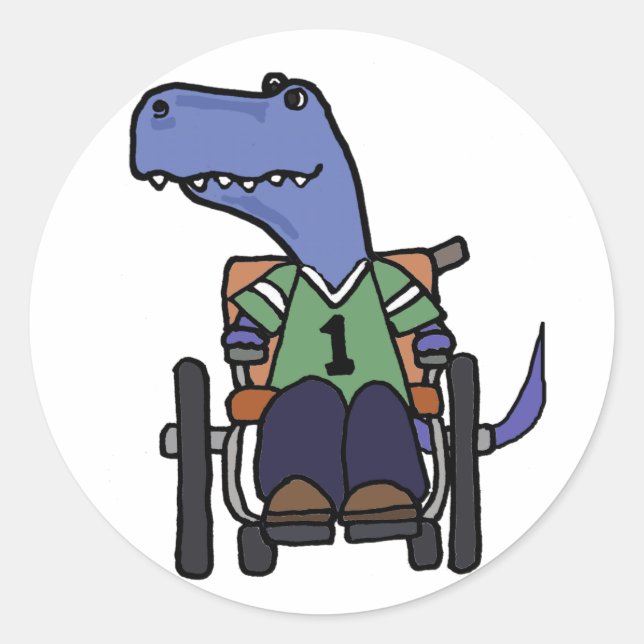 Cute T-rex Dinosaur in Wheelchair Cartoon Classic Round Sticker (Front)