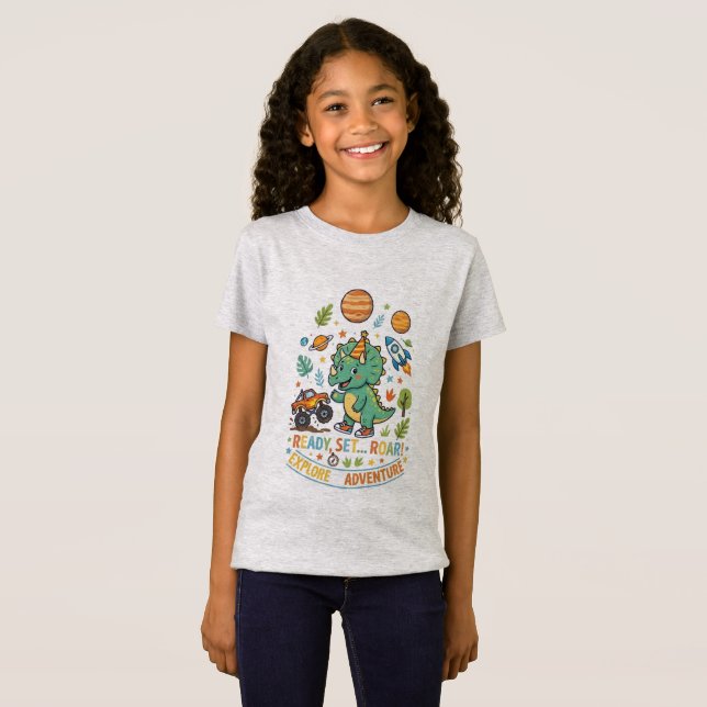 Cute T-Rex Dinosaur Ready Set Roar Adventure Kids T-Shirt (Front Full)