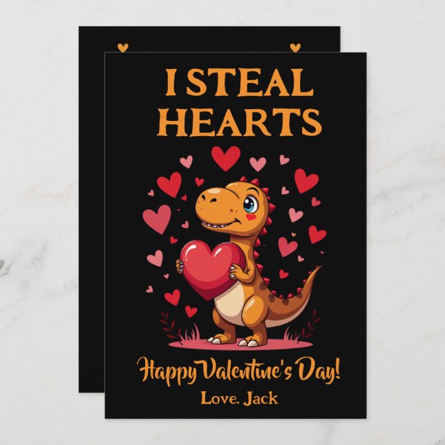 Cute T-Rex Dinosaur Valentine's Day I Steal Hearts Holiday Card (Front/Back)